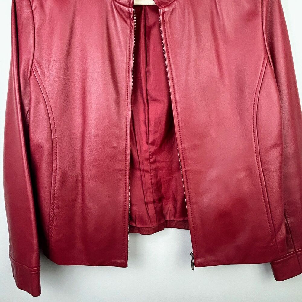 Casual Corner Annex Petite 90's Red Leather Jacket Zip Front Racing Lined M - Picture 4 of 16